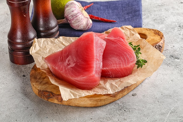 Delicous raw tuna steak for cooking over board