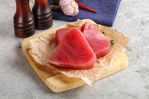 Delicous raw tuna steak for cooking over board