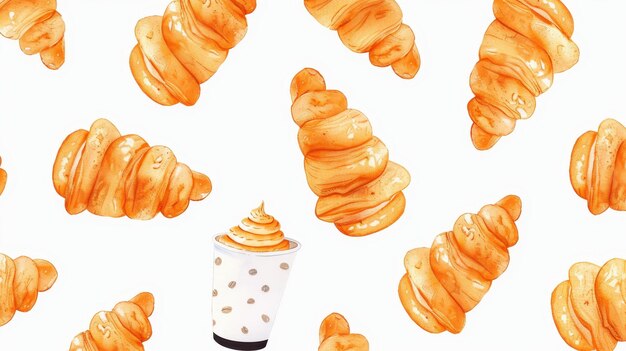 Photo delight in this watercolor illustration featuring croissants coffee makers and muffins
