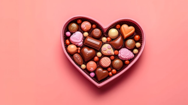 분홍색 배경 에 있는 매력적 인 상자 에 들어 있는 심장 모양 의 사탕 으로 감각 을 즐겁게 하십시오