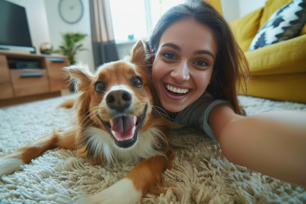 Photo a delighted arabian woman is taking a selfie with her cheerful pet who has a funny expression on