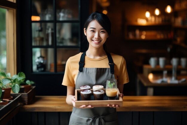 작은 사업 을 재개 하기 위해 열정적 으로 커피 를 제공 하는 기쁜 아시아 바리스타