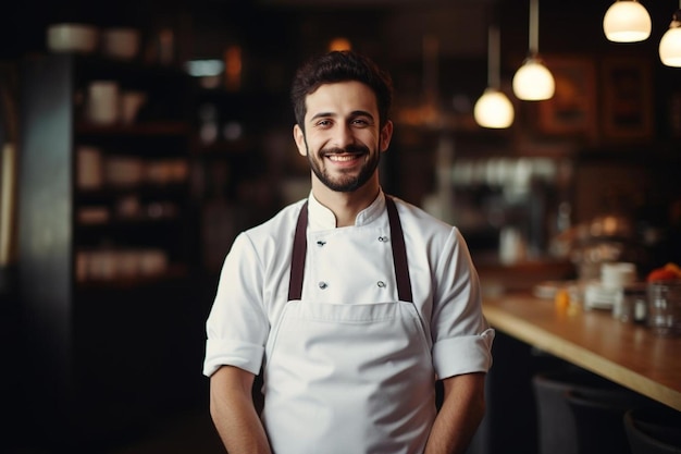 delighted bearded chef standing in the kitchen of the restaurant