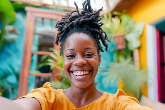 Foto donna nera deliziata che si fa un selfie a casa