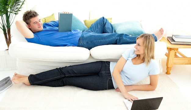 Delighted couple having free time together