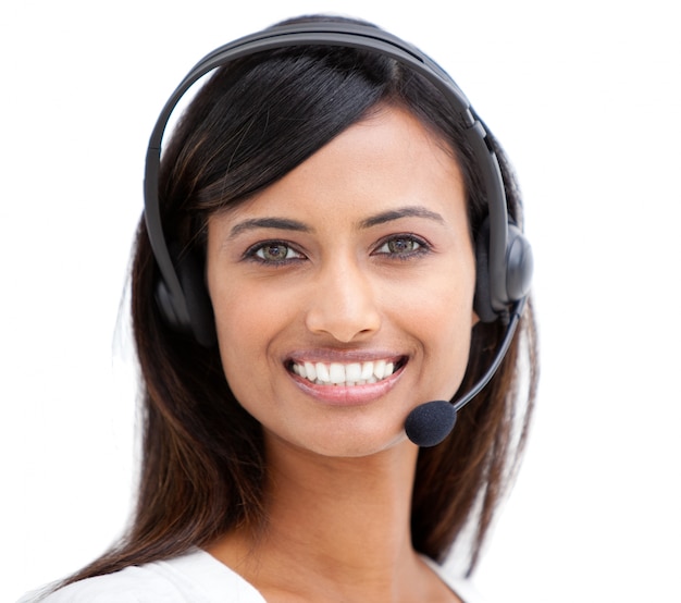 Delighted customer service representative using headset 