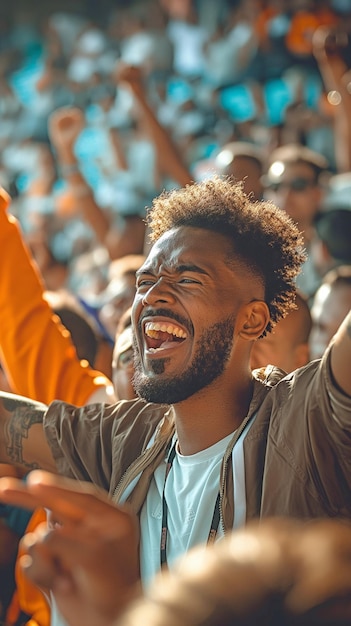 A delighted football fan yelling and waving his arms in the air to indicate his affection for the game