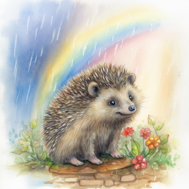 Delighted Hedgehog Enjoying a Rainbow After Rain AI Generated