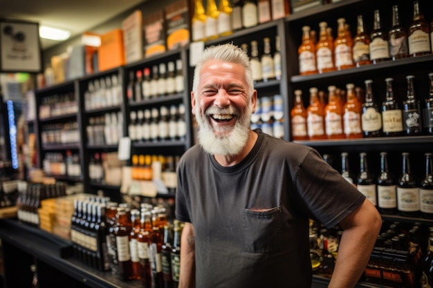 A delighted man in a blue work attire smiles warmly inside a liquor store reflecting his positive mood