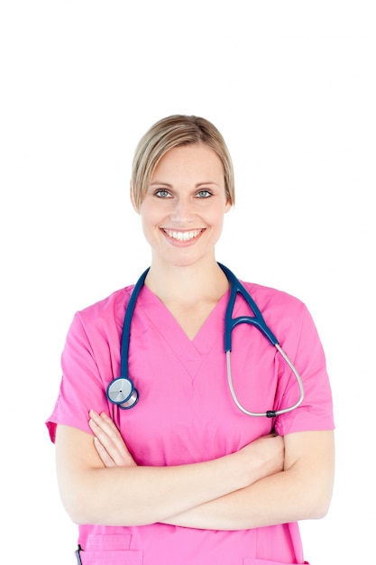 Photo delighted nurse in a pink workwear