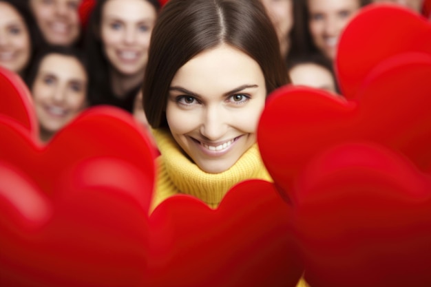 A delighted smiling woman surrounded by a sea of red hearts capturing the essence of Valentine39s Day love