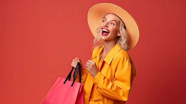 ピンクのバッグと笑いを持つオレンジ色の大喜びの女性