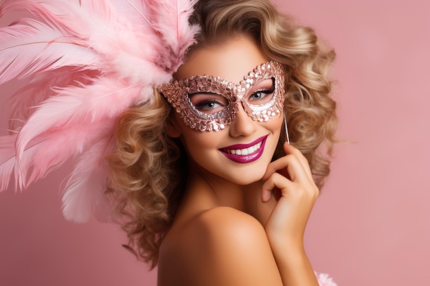 写真 鮮やかなピンクの背景にクローズアップで撮影された,精巧なヴェネツィアのマスクを着た喜びの女性