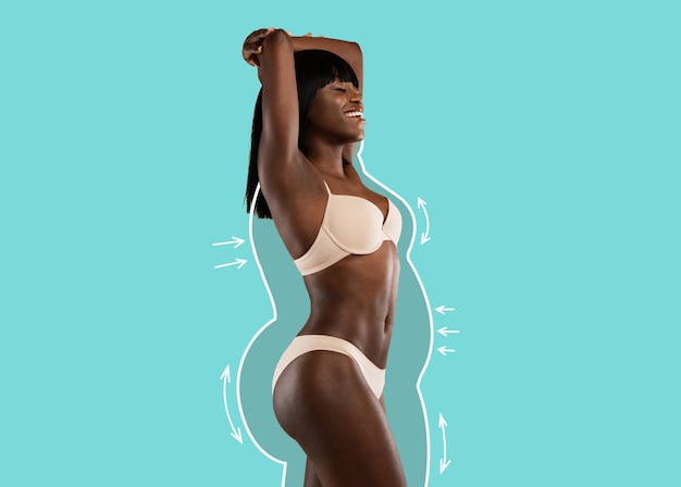 Delighted young black lady showing her attractive body collage