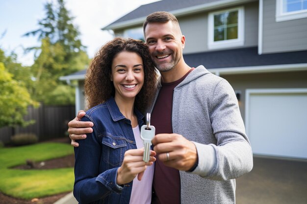 Delighted Young Couple with Home Keys After Buying Real Estate Generative AI