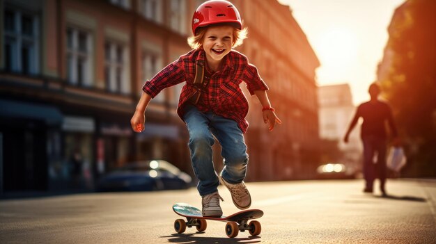 A delighted young lad dressed in red skateboarding merrily during a bright and sunny day