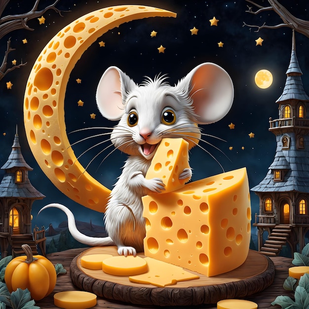 A delightful 3D cartoon of a moon made entirely of cheddar cheese complete with a tiny mouse perche