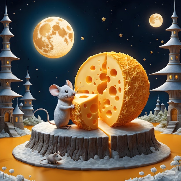 A delightful 3D cartoon of a moon made entirely of cheddar cheese complete with a tiny mouse perche