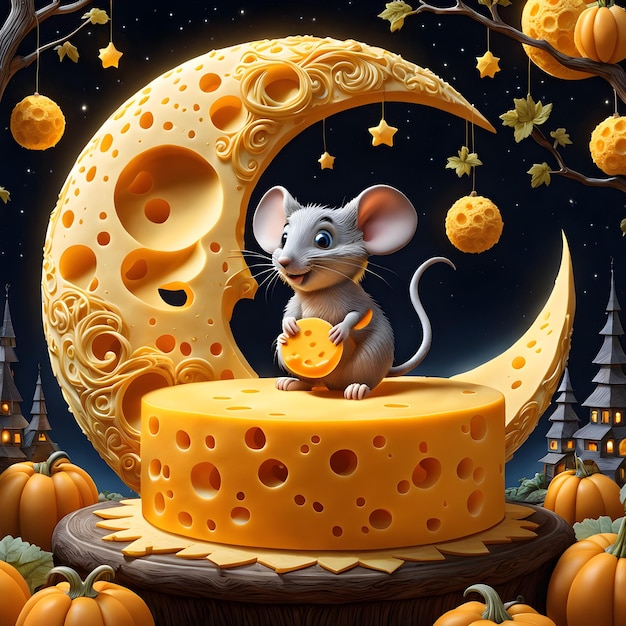 A delightful 3D cartoon of a moon made entirely of cheddar cheese complete with a tiny mouse perche