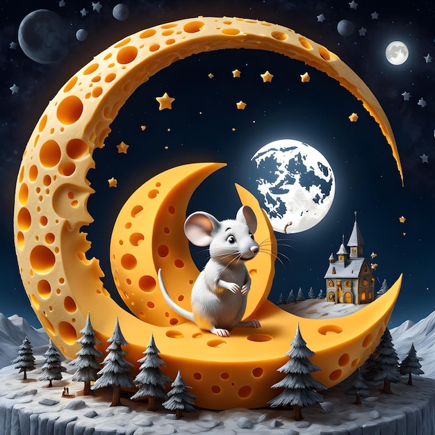 A delightful 3D cartoon of a moon made entirely of cheddar cheese complete with a tiny mouse perche