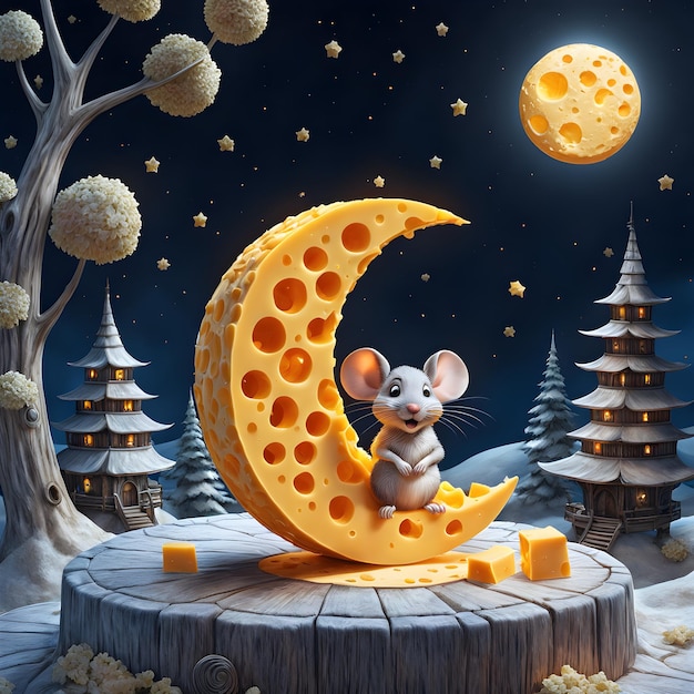Прекрасный 3D-карикатурный фильм о луне, сделанный полностью из сыра чеддар, с крошечным мышиным стержнем.
