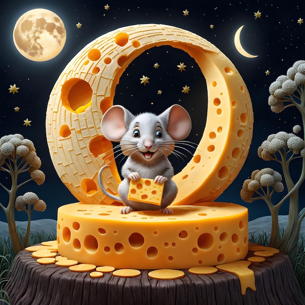 A delightful 3D cartoon of a moon made entirely of cheddar cheese complete with a tiny mouse perche