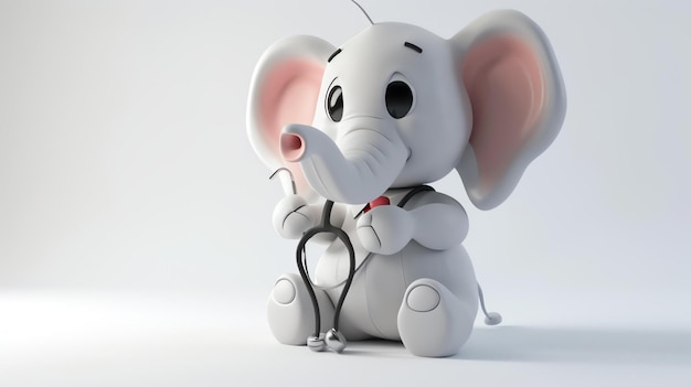 Photo a delightful 3d cute elephant equipped with a stethoscope and a medical coat working diligently as a doctor spreading joy and healing on a clean white background