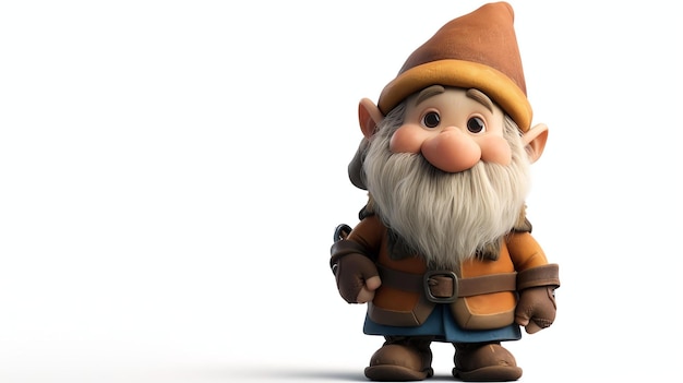 Photo a delightful 3d illustration featuring an adorable dwarf with captivating details and a cheery expression set against a pristine white background perfect for adding a touch of whimsy and c