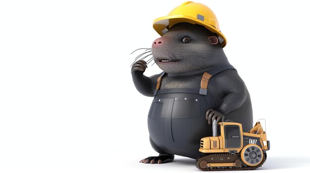 A delightful 3D mole wearing a hard hat and holding a mining tool works diligently as a skilled mining engineer Perfect for projects related to mining engineering excavations or adorab