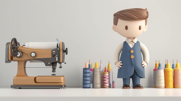 Photo a delightful 3d render of a cute tailor expertly crafted with adorable details set against a clean white background this image captures the essence of creativity craftsmanship and fashi