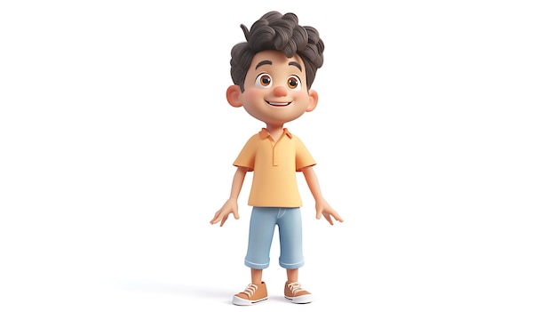 A delightful 3D rendered cartoon character of a cute young boy exuding innocence and charm with a warm smile and vibrant eyes This adorable child character is pictured in an isolated whit