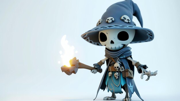 Photo a delightful 3d rendering of a cute whimsical necromancer with a mischievous smile in a playful pose perfect for halloween designs and fantasythemed projects