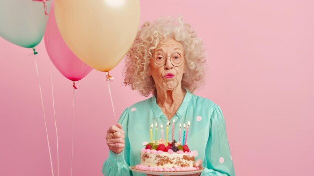 Delightful 91 Years CurlyHaired Senior Woman Celebrates with Cake Balloons and Festive Attire