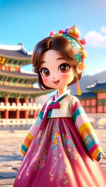 A delightful animated girl adorned in a colorful traditional Korean hanbok