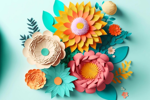 Delightful applique of 3D rendering paper flowers in yellow orange and green generative ai