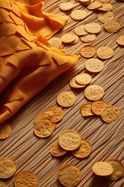 A delightful arrangement of cheese crackers on a woven mat