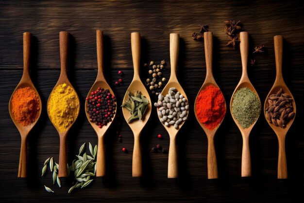 Delightful array of varied spices nestled in spoons on a rustic backdrop