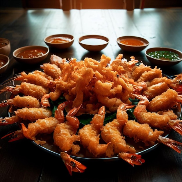 접시에 정성껏 담아낸 맛있는 대형 새우 모듬