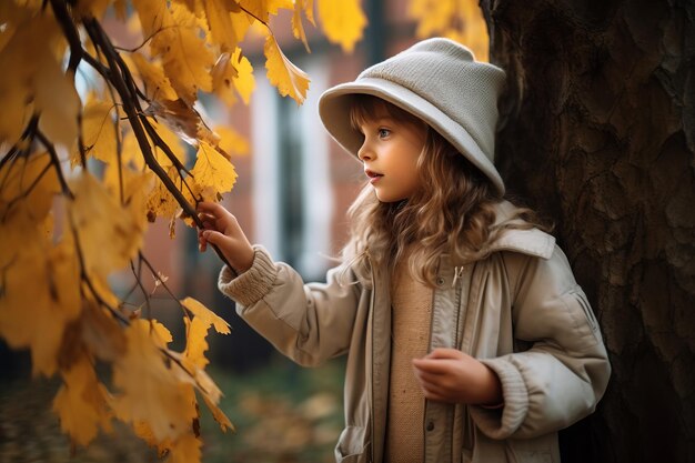 楽しい秋の景色 公園で葉を集める可愛い女の子