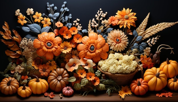 A delightful background with fall motifs like leaves pumpkins and autumn flowers