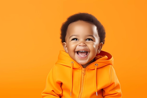 Delightful black baby in orange outfit on orange background