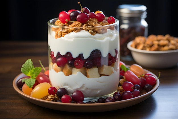 Delightful breakfast option with creamy Greek yogurt with fruits berries and granola