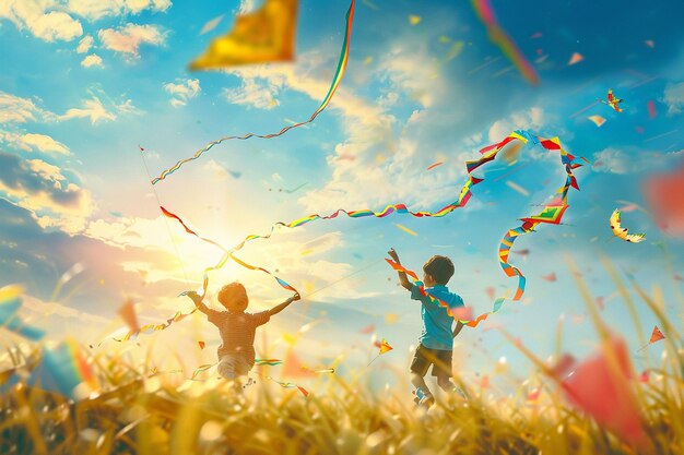 Delightful children flying colorful kites octane r