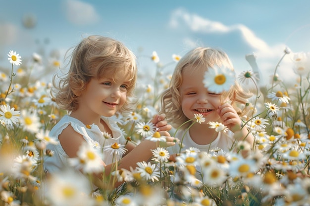写真 花畑で遊ぶ素敵な子供たち
