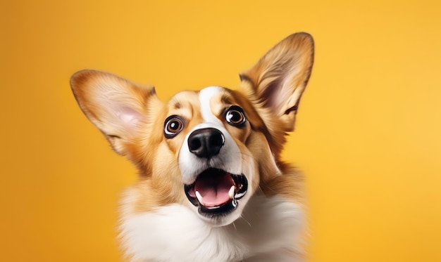 Восхитительная собака корги на ярком желтом фоне, излучающая радость и игривую энергию, генерирующая искусственный интеллект