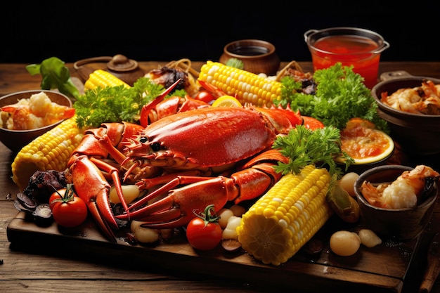 Delightful crab and shrimp plate with corn on wooden table