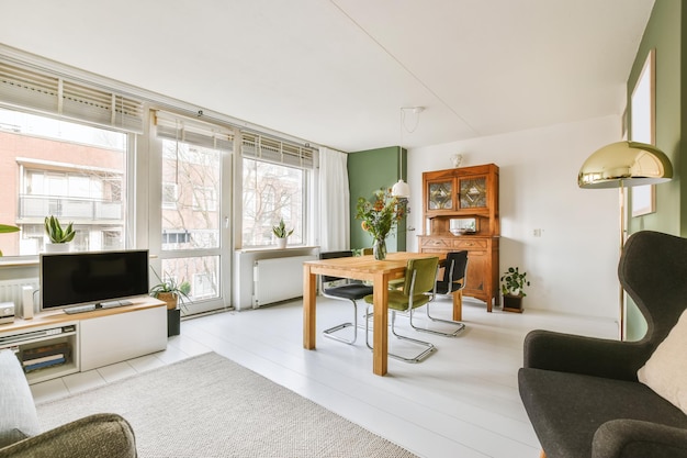 A delightful dining room with a wooden cupboard for dishes