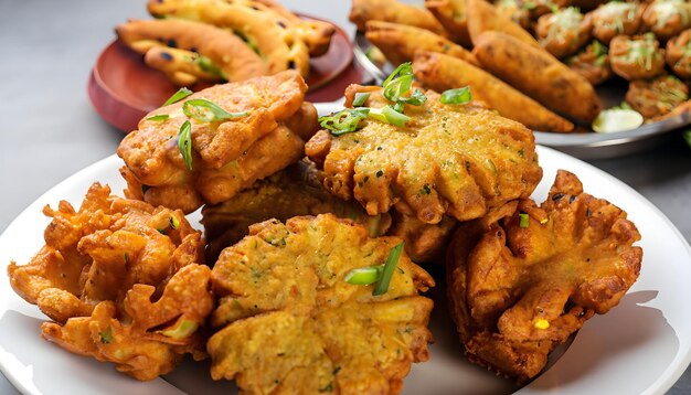 A delightful display of pakoras crispy fritters made with various ingredients