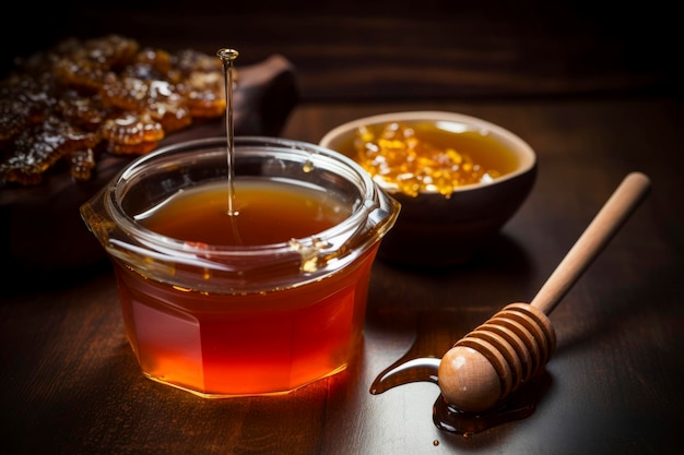 A delightful food composition featuring honey drizzling set against a rustic background