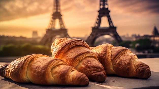 Delightful french croissants on nostalgic foundation of Eiffel tower Paris Creative resource AI Generated